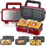 FOHERE 3-in-1 Waffle Maker, Sandwich Maker, Panini Press with Removable Plates, 5-Gear Temperature, LED Indicator Lights, Portable Handle, 1200W Belgian Electric Grill Cheese Machine (Red)
