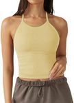 LASLULU Womens High Neck Longline Sports Bra Adjustable Straps Sleeveless Workout Crop Tank Top with Built in Bra Fall Outfits 2024(Lemon Yellow Large)