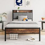 BOFENG Twin Bed Frame with Upholstered Storage Headboard/Charging Station,Metal Platform Single Bed Frame Twin Size with Strong Slats Support,No Box Spring Needed,Mattress Foundation,Noise Free,Brown