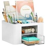 COMFYROOM Desk Organizer and Accessories with 4 Compartments and 2 Drawers, Plastic Makeup Organizer, Pen Holder for Desktop Storage, Desk Organization for School, Home, Office Supplies (White)