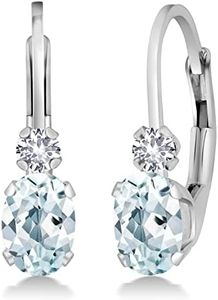 Gem Stone King 14K White Gold Sky Blue Aquamarine and White Created Sapphire Leverback Earrings For Women | 0.94 Cttw | Gemstone March Birthstone | Oval 6X4MM | Round 2MM | 3/4 Inch