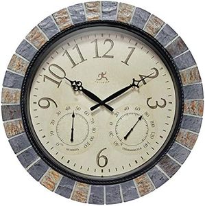 Infinity Instruments Inca II 18 inch Outdoor Clock Thermometer Combo Patio Waterproof Large Wall Weather Station Weatherproof Designer Faux Stone Mosaic Decorative Outdoor Wall Clock