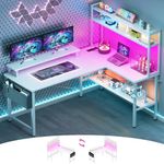 Cyclysio L Shaped Gaming Desk, Small Computer Desk with Power Outlets & LED, Reversible Game Desk with Monitor Stand & Bookshelf, Corner Office Desk with Storage Bag, for Bedroom, Office, White
