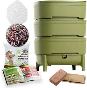 WORMcube Grün Design & Compact I 3-Etagen-Wurmkomposter I 500 gr Kompostwürmer / 1000 STK. I Komplett-Set I Stoppfilter zum Ertrinken von Würmern