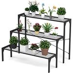 COSTWAY 3 Tier Plant Stand, Stair Style Metal Flowers Pot Holder Storage Shelf, Ladder Plants Display Rack for Indoor Outdoor Balcony Garden Yard (Straight, without Foot Pads)