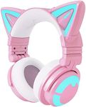 YOWU RGB Cat Ear Headphone 3G Wireless Bluetooth 5.0 Foldable Gaming Pink Headset with 7.1 Surround Sound, Built-in Mic & Customizable Lighting and Effect via APP, Type-C Charging Audio Cable -Pink