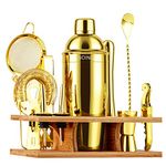 Soing 11-Piece Gold Bartender Kit,Perfect Home Cocktail Shaker Set for Drink Mixing,Stainless Steel Bar Tools with Stand,Velvet Carry Bag & Cocktail Recipes Cards (Gold)