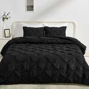 Amazon Basics Pinch Pleat All-Season Down-Alternative 3 Piece Comforter Bedding Set, Full/Queen, Black, Geometric