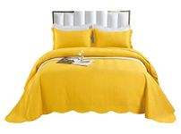 Mustard King 3 Piece Quilted Bedspread Plain Embossed Comforter Bedding Set with 2 Pillowcase (Mustard, King)