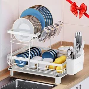 MOUKABAL Dish Drying Rack, 2 Tier Dish Rack, Large Dish Racks for Kitchen Counter, Dish Drainer with Removable Utensil Holder, Drainboard (White)