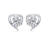 Cute Puppy Dog Cat Paw Print Stud Earrings S925 Sterling Silver Lovely Pink Crystal Clear CZ Endless Love Heart Earring Studs Hypoallergenic Jewelry Gifts for Pet Lovers Girls Women (Clear CZ)