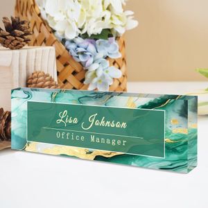 Office Desk Name Plate Personalized Custom Office Gifts for Desk Decorations Acrylic 8" x 2.4" Office Desk Decor Nameplate Desk Accessories for Boss Coworkers Teacher Doctor Women Men - Green Marbling