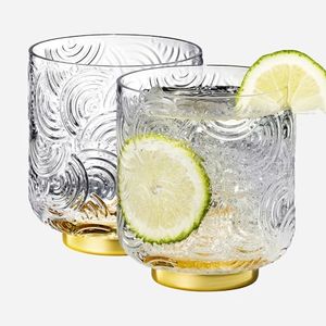 Khen Gatsby Tumbler Drinking Glassware | Set of 2 | Art Deco Ripple Gold Plated Tumblers For Cocktails, Water, Juice, Whiskey Crystal Drinking Glasses, Curved Arch Vintage Patterned Design 13 OZ