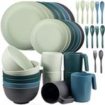 Shopwithgreen Reusable Plastic Dinnerware Sets (Plates, Bowls, Mugs, Forks, Spoons) for Kids and Adults, Picnic and Camping Mess Set, 36 pcs Service for 6