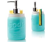 Mason Jar Kitchen Soap Dispenser & Sponge Holder - Sink Organizer - 14oz Kitchen Counter Liquid Soap Dispenser with Plastic Pump, Blue Ceramic Soap Holder w/Free Sponge