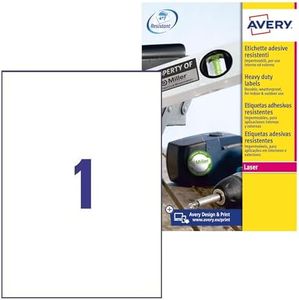 Avery Italia L4775-20 Etichette adesive in poliestere bianco resistente, 20 fogli A4, rettangolari 210x297mm, 1 etichetta per foglio, adesivo permanente, stampanti laser