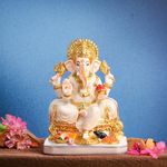 Creating Ambiance Polyresin Marble Ganesh Idol, Vinayaka Statue | Auspicious Ganpati Murti for Living Room & Home Decor - Ganesh Idol for Diwali - Gold & White (7.5 Inches 01)