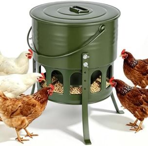 AOTECC Metal Chicken Feeder No Waste for Coop & Outdoors - 20LB Gravity Fed Automatic Poultry Dispenser with 12 Ports & Adjustable Stand, Hanging Chicken Feeder, Rainproof