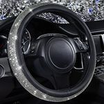 CAR PASS Diamond Black Leather Steering Wheel Cover, with Bling Crystal Rhinestones Universal Fit 14" 1/2-15" Crystal Glitter for Women Sparkle Girl Fit Suvs,Vans,Sedans,Cars,Trucks, White Diamond