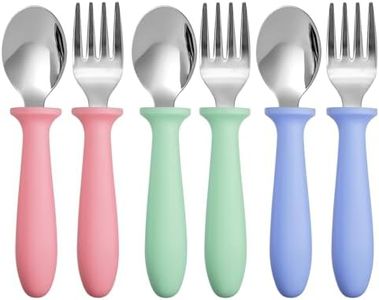 Pimoys 6 Pieces Toddler Utensils,Toddler Forks and Spoons,Kids Silverware Set with Plastic Handle Stainless Steel Toddler Silverware,Dishwasher Safe