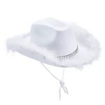 Geagodelia Women's Cowboy Hat with Fluffy and Glitter Decoration Cowgirl Hat Ladies Girls Cap Headwear for Fancy Dress Holiday Party Halloween Carnival Costume Accessory (A - White)