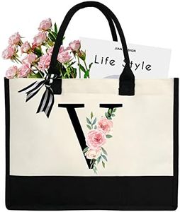 sundee Sac de plage personnalisé en toile, sac fourre-tout en toile avec poche intérieure zippée, sac fourre-tout monogrammé pour mariage, anniversaire, vacances, Lettre V noire, One Size