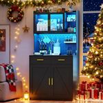 MDGC LED Kitchen Pantry Cabinet with Outlets, Farmhouse Storage Cabinet with Drawers & Adjustable Shelves, 64" Tall Cupboard with Pegboard & Hooks for Dining Room (Black)