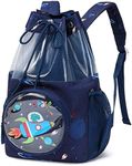 mygreen Drawstring Backpack for Kids - Dinosaur Rocket Bags for Mini Boys Gym Sports Beach Swim Travel Bag With Two Water Bottle Holder Dark Blue