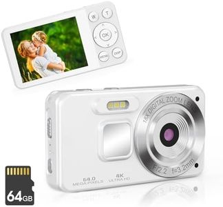 Digital Camera, 4K Autofocus Vlogging Camera with 64GB Card, 2000mAh 64MP Compact Camera, 18X Zoom, Anti-Shake, 2.8" Screen Mini Camera, Kids Beginners, Teens, and Adults (White)