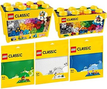 BRICKCOMPLETE Lego Classic Set of 5: 10696 Medium Building Blocks Box, 10698 Lego Large Building Blocks Box, 11023 Green Building Plate, 11025 Blue Building Plate & 11026 White Building Plate