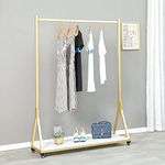 WFDERAN Modern Simple Heavy Duty Metal and Wood Rolling Clothing Garment Rack with Wheel,Creative Commercial Wedding Dress Display Shelf,Floor-Standing Clothes Hangers (Gold with Wood, 47.2" L)