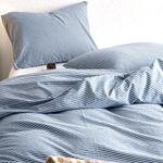 Wake In Cloud - Navy Striped Duvet Cover Set, 100% Washed Cotton Bedding, White Stripes Ticking Pattern on Navy Blue (3pcs, Queen Size)