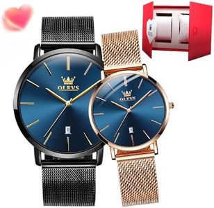 OLEVS Relojes de Pareja Masculinos y Femeninos minimalismo de Moda ultradelgado - Hebillas de Borde de acero Inoxidable - Relojes de Cuarzo Masculinos y de Estilo - Correas Transpirables de Malla