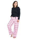 LAPASA Women's Cotton Loungewear Pajama Set Jersey Top & Flannel Trousers L96 (Black + Pink & Brown, L)