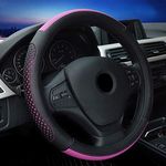 Car Steering Wheel Cover Genuine Leather Heavy for Summer Women 38CM / 15 '' Hole Perforation Anti-Slip (Black Pink)