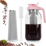 Cold Brew Coffee Maker，64 oz Wide Mouth Mason Jar Pitcher with Stainless Steel Filter, Pour Spout Handle Lid, Heavy Duty Glass Airtight & Leak-Proof Pitcher for iced coffee & Tea Lemonade-Pink