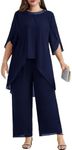 Hanna Nikole 2 Pieces Mother of The Bride Dressy Pant Suits Chiffon Evening Formal Wedding Guest Suits Navy Blue 1X