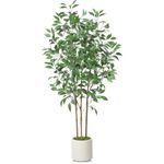 SOGUYI Ficus Artificial Tree 150cm Tall Fake Ficus Tree for Home Decor Indoor Faux Silk Ficus Plant Fake Floor Plant in White Imitation Ceramic Planter with Green Fake Moss, Set Of 1