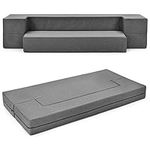 COSTWAY 8 Inch Folding Sofa Bed Couch, Queen Size Memory Foam Mattress Linen Fabric Sofa, Convertible Couch Bed Floor Lounge Futon Sleeper for Living Room, Bedroom and Guest Room, Dark Grey