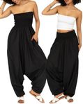 Jumpsuits for Women - Strapless Harem Romper Style - One Size Fits Most - AUS size 8-20 - Flowing Maxi Length 2 in 1 Jumpsuit & Harem Pants Outfit with Pockets - Black Jumpsuit