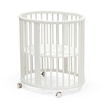 Stokke Sleepi Mini, White - Oval Crib Suitable for 0-6 Months - Height-Adjustable Base, Lockable Swivel Wheels, Perforated Mattress Base for Air Circulation