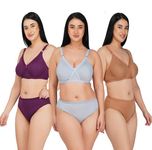 SPUNN Women's Cotton Mix Full Coverage Non Padded Bra Panty Set for Heavy Bust Lingerie Set Combo (C, Grey::Camel::Mulberry, 42C)