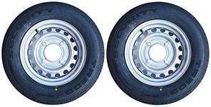 A pair of 165R13C 96/94R 165 x 13 inch 8 ply trailer tyre on 4 stud 5.5 inch PCD rim Pt no. LMX1936