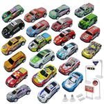 TOYABI Pullback Diecast Cars, 22Pcs Die Cast Metal Toy Cars with 8 Roadblock, Small Cars for Kids