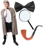 Adults Victorian Detective Costume - Standard - Victorian Cape, Matching Deerstalker Hat, Black Bowtie, Fake Pipe and Magnifying Glass - Adults World Book Day Book Week Fancy Dress Costume