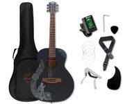 Bamboo Acoustic Electric Guitar Travel 38". Complete Beginner Kit for Adults ands Teens with Gig Bag, Pick, Tuner, Strings, Capo, Strap. Nordic Wolf Model.