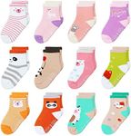 Baby Socks 12-24 Months Toddler Girls Socks with Grips 12 Pairs Cotton Non Slip Crew Socks, 1T-2T-3T Toddlers Baby Girls Gift (Multi-Colors)