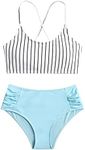 SweatyRocks Women's Bathing Suits Striped Criss Cross Bikini Set High Waisted Swimsuits Plain Blue Medium