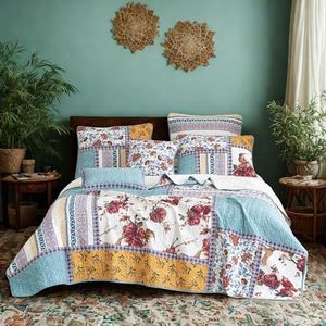 Tache Cotton Patchwork French Country Old World Vintage Botanical Floral Blue Yellow Lightweight Coverlet Hummingbirds Rose Garden Quilt Set, California King