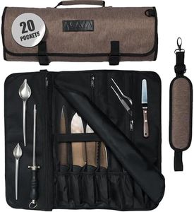 Asaya Waxed Nylon Chef Knife Roll Bag with 20 Slots and Zippered Pockets - Professional Chef Knife Bag & Storage Case, Tool Carrier with Shoulder Strap - Knives Not Included (Brown)
